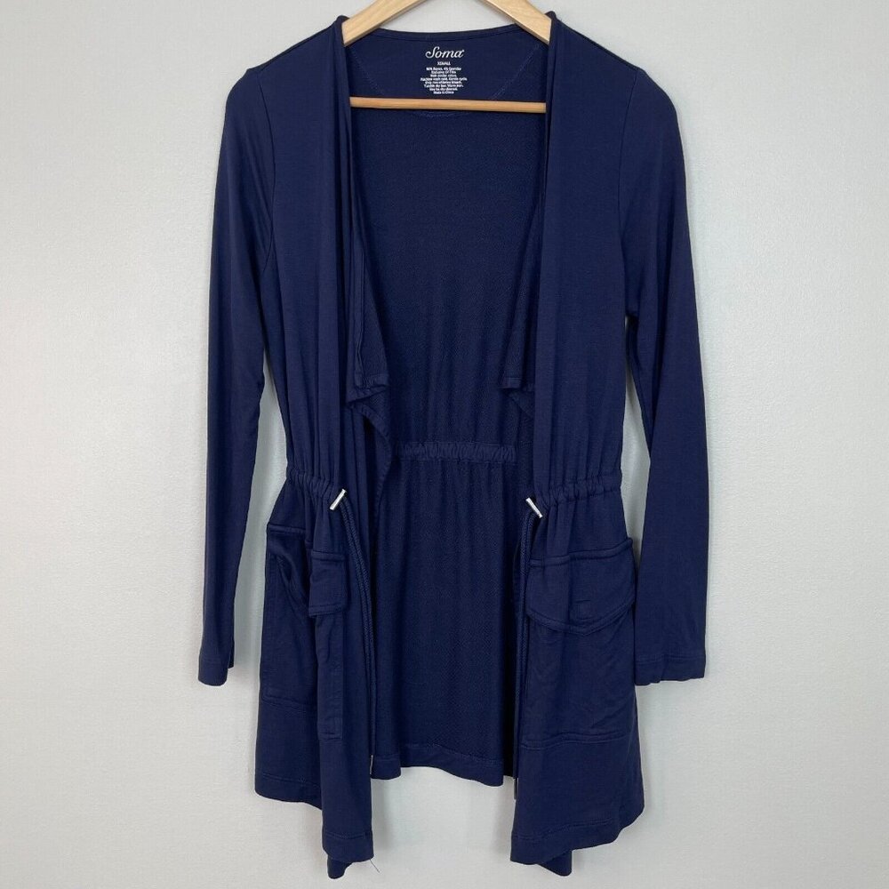 Soma Cardigan XS Navy Blue Open-Front Cinch Waist Stretch Sweater Women's‎